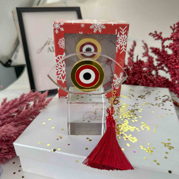 Γούρι 2026 – Plexiglass Κόκκινο-Χρυσό Μάτι και Μεταξωτή Φούντα