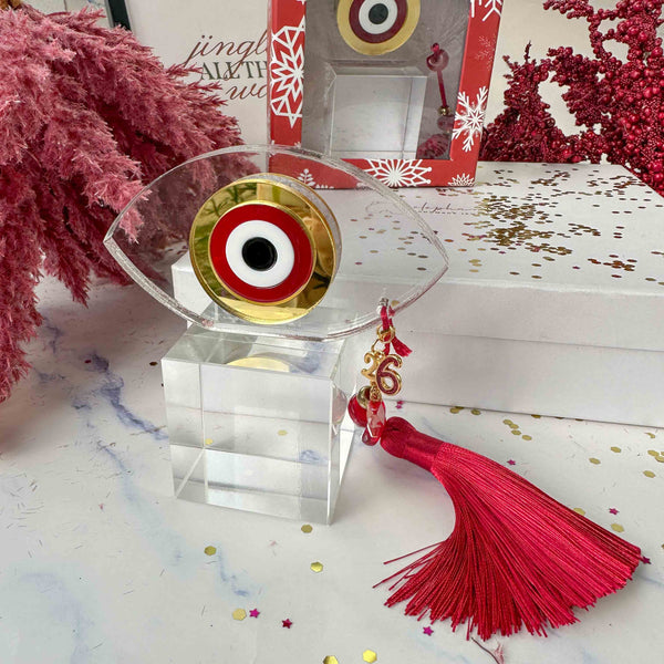 Γούρι 2026 – Plexiglass Κόκκινο-Χρυσό Μάτι και Μεταξωτή Φούντα