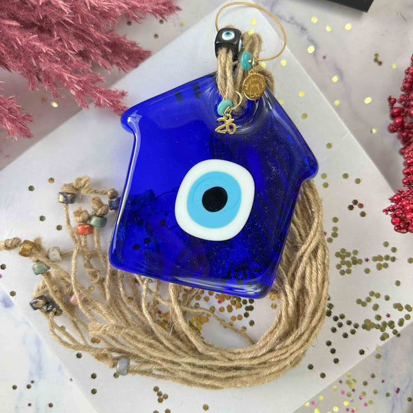 Γούρι 2026 – Γυάλινο Σπίτι Μπλε Με Μάτι, Σχοινιά & Χάντρες