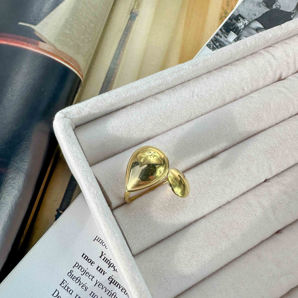 Χρυσό Ανοιχτό Δαχτυλίδι από Ατσάλι με Δάκρυ & Οβάλ Σχέδιο