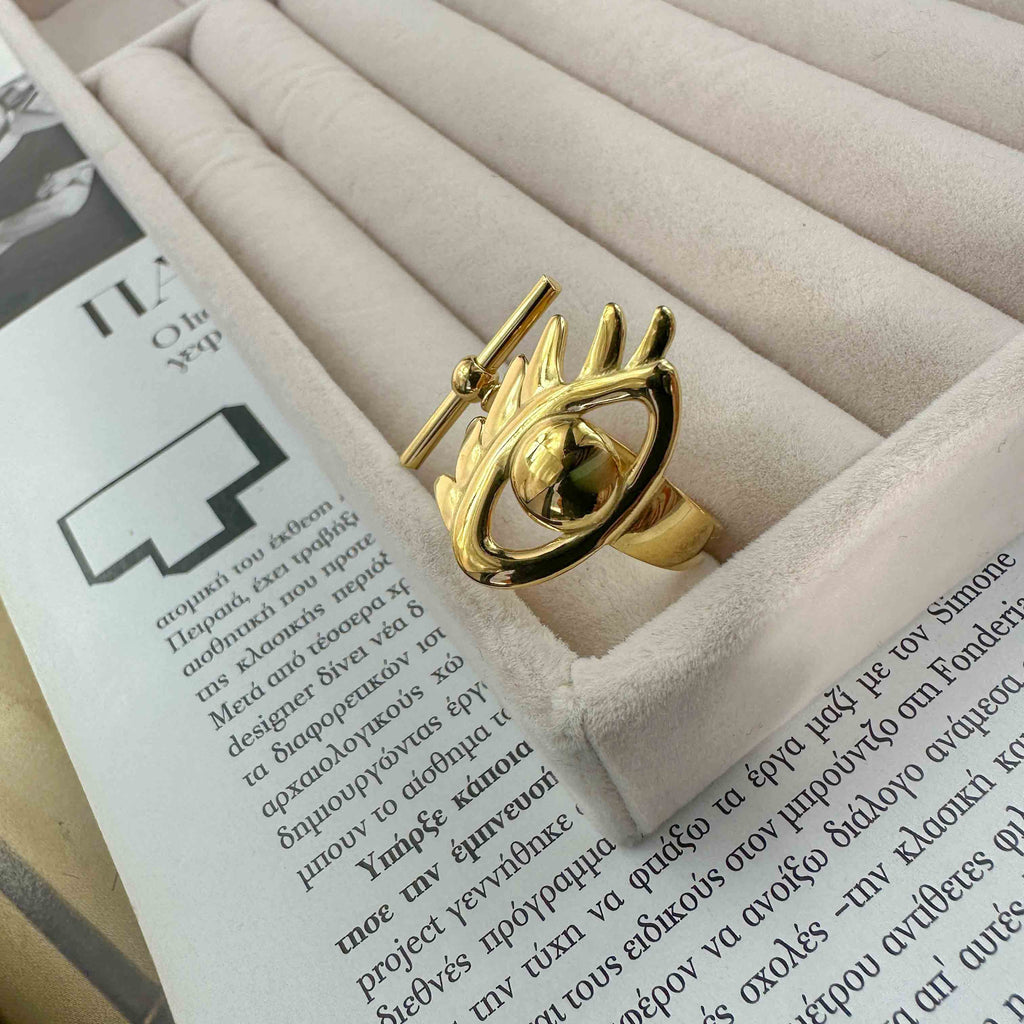 Δαχτυλίδι από Ατσάλι σε Χρυσό με Μάτι & Μπάρα Τ