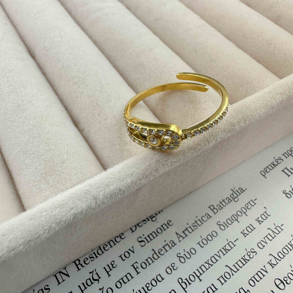 Ανοιχτό Χρυσό Δαχτυλίδι από Ατσάλι με Ζιρκόν και Γεωμετρικό Σχέδιο