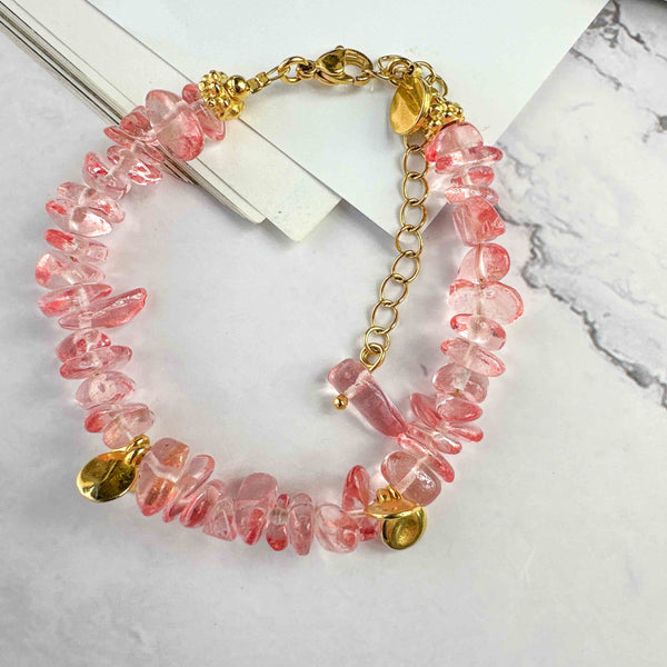 Βραχιόλι με γυάλινες Ροζ chips πέτρες