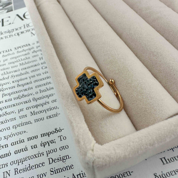 Δαχτυλίδι με Ροζ Επιχρύσωση και Μαύρα Ζιργκόν σε Σχήμα Σταυρού