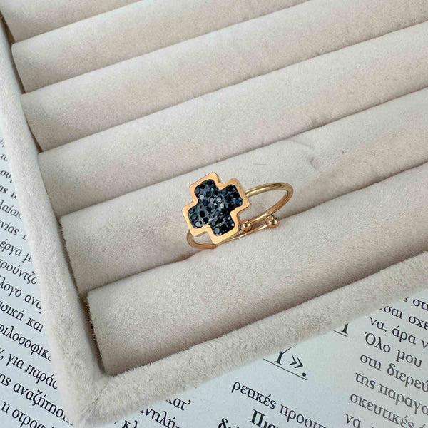 Δαχτυλίδι με Ροζ Επιχρύσωση και Μαύρα Ζιργκόν σε Σχήμα Σταυρού