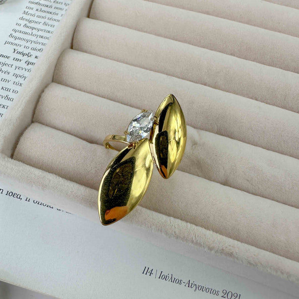 Επίχρυσο Δαχτυλίδι από Ατσάλι με Διπλό Στοιχείο Φύλλου & Ζιρκόν
