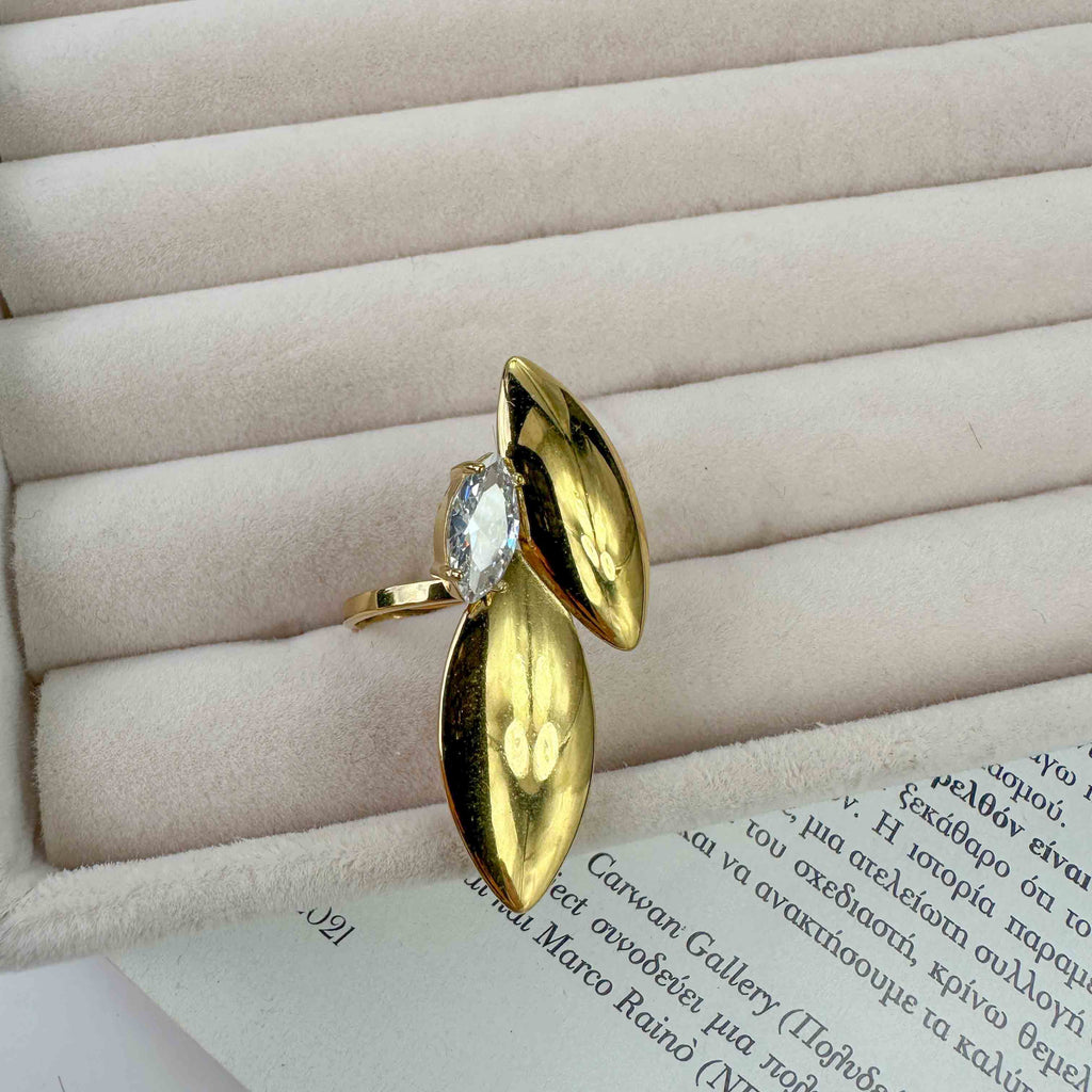 Επίχρυσο Δαχτυλίδι από Ατσάλι με Διπλό Στοιχείο Φύλλου & Ζιρκόν