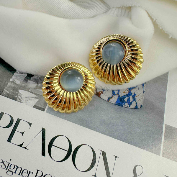 Ατσάλινα Σκουλαρίκια με Χρυσή Λεπτομέρεια & Πέτρα Cat's Eye