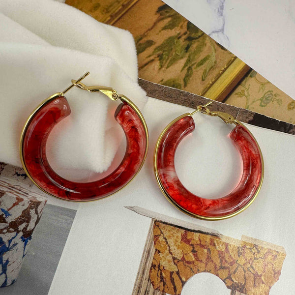 Σκουλαρίκια Κρίκοι Κόκκινο Ακρυλικό & Χρυσή Λεπτομέρεια