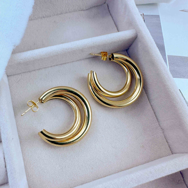 Σκουλαρίκια Διπλοί Κρίκοι Ατσάλινοι Επιχρυσωμένοι