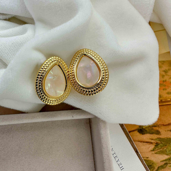 Ατσάλινα Σκουλαρίκια Δάκρυ με Φίλντισι & Χρυσό Πλαίσιο