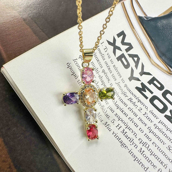 Επιχρυσωμένη Αλυσίδα Ατσάλινος Σταυρός Με Χρωματιστά Κρύσταλλα Και Ζιργκόν