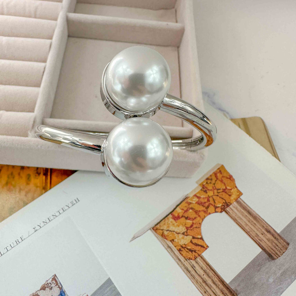 Statement Ασημί Βραχιόλι με Μεγάλες Πέρλες