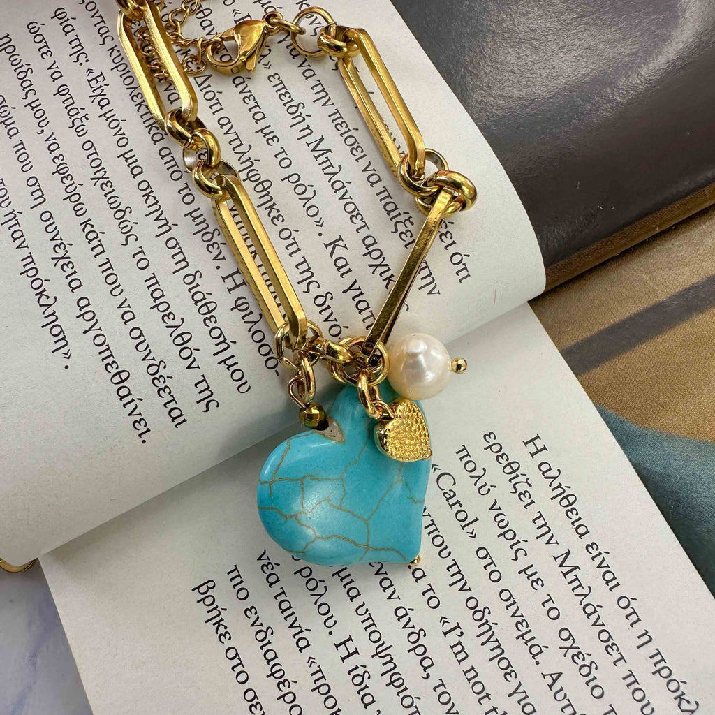 Βραχιόλι Ατσάλι Μεγάλη Καρδιά Από Τυρκουάζ Χαολίτη & Μαργαριτάρι