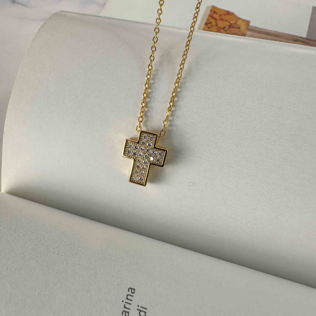 Ατσάλινο Επίχρυσο Κολιέ με Σταυρό και Ζιργκόν