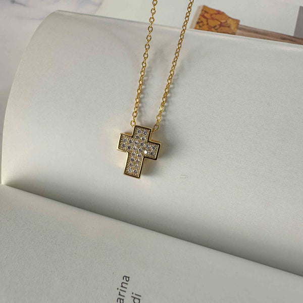 Ατσάλινο Επίχρυσο Κολιέ με Σταυρό και Ζιργκόν