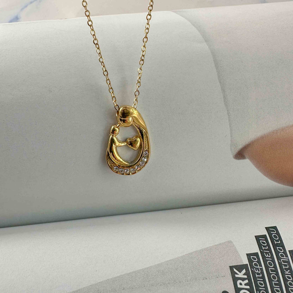 Ατσάλινο Κολιέ Μαμά με Παιδί και Ζιργκόν και Καρδούλα