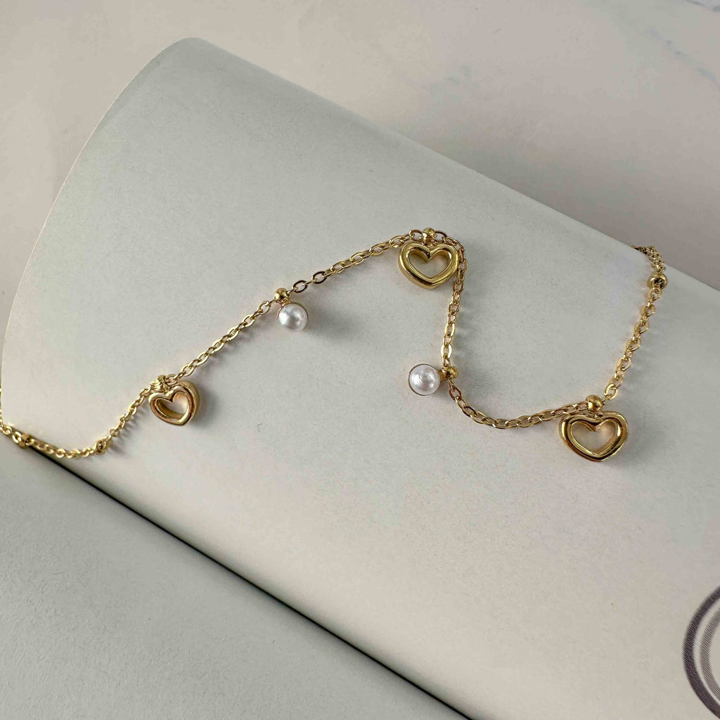 Βραχιόλι Ατσάλινη Αλυσίδα με Καρδιές & Πέρλες
