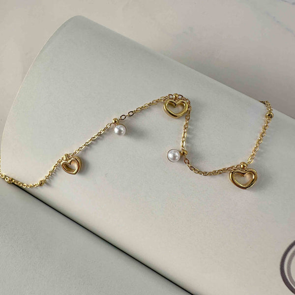 Βραχιόλι Ατσάλινη Αλυσίδα με Καρδιές & Πέρλες