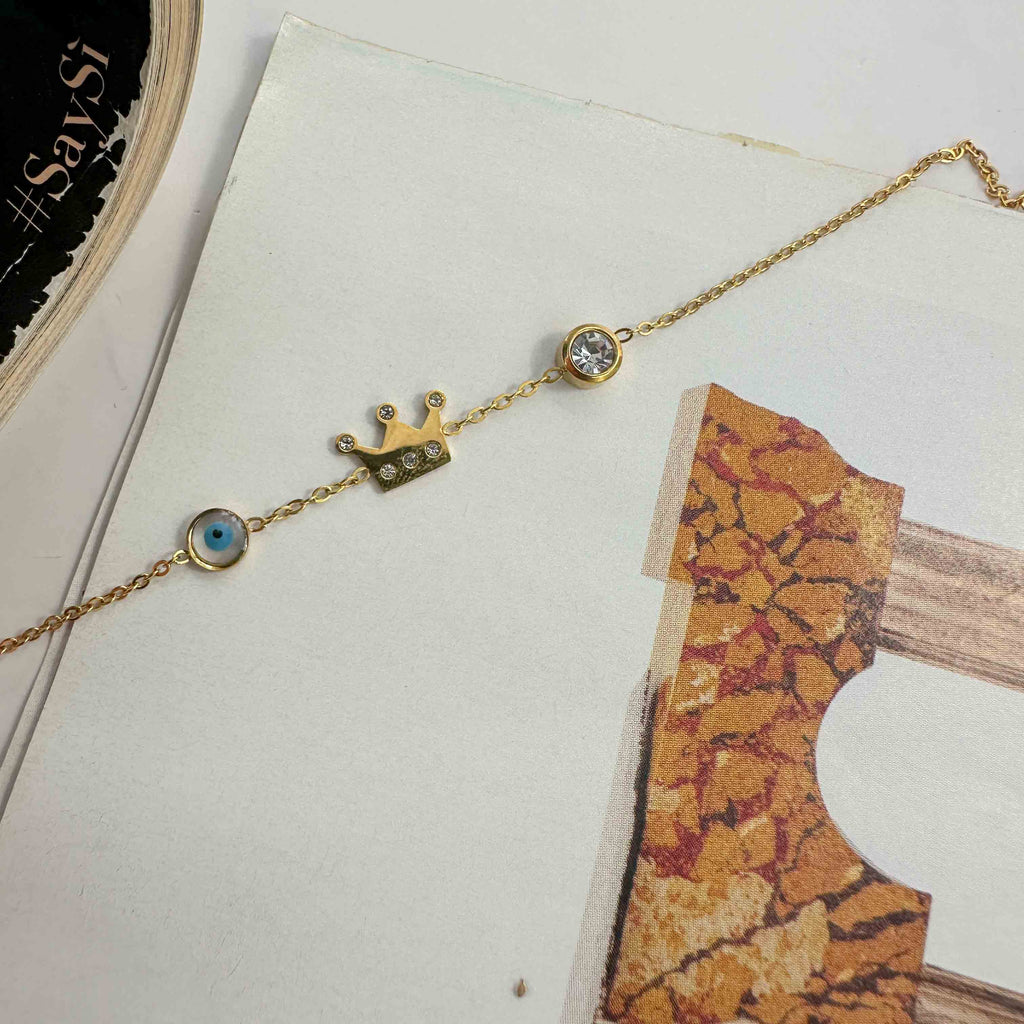 Βραχιόλι Ατσάλινη Αλυσίδα με Κορώνα, Ματάκι & Κρύσταλλο