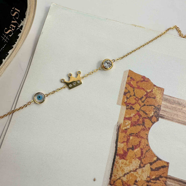 Βραχιόλι Ατσάλινη Αλυσίδα με Κορώνα, Ματάκι & Κρύσταλλο