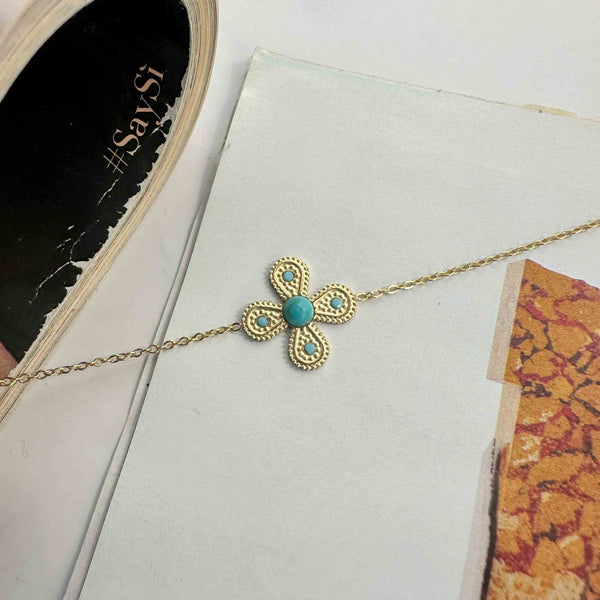 Βραχιόλι Ατσάλινη Αλυσίδα με Σταυρό και Τυρκουάζ Πέτρα