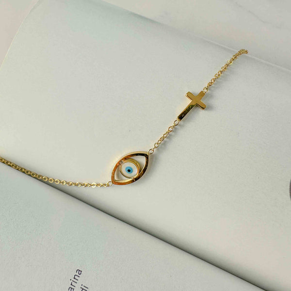 Βραχιόλι Ατσάλινη Αλυσίδα με Μάτι & Χρυσό Σταυρό