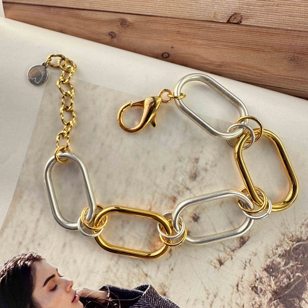 Βραχιόλι Μεγάλοι Οβάλ Κρίκοι Δίχρωμο – Μοντέρνο Μεταλλικό Statement Κόσμημα