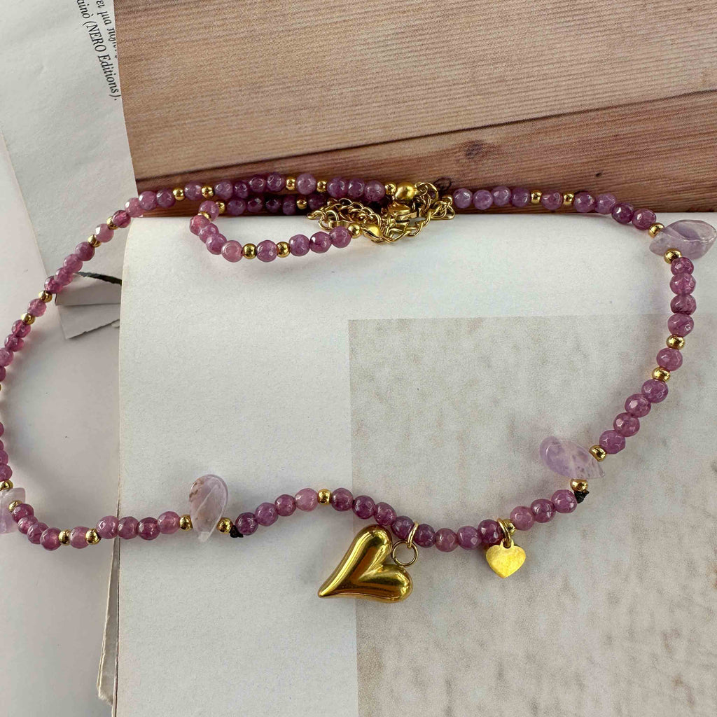 Κολιέ με Μωβ Αχάτες & Χρυσή Καρδιά