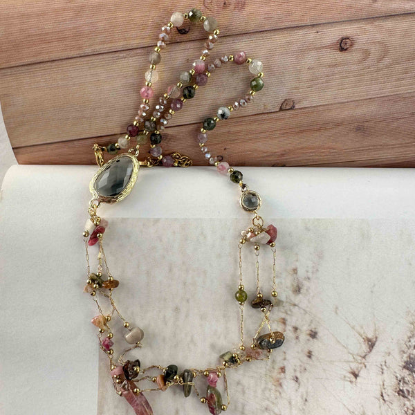 Πολυεπίπεδο Κολιέ με Καφέ Ημιπολύτιμες Πέτρες & Ατσάλινη Αλυσίδα