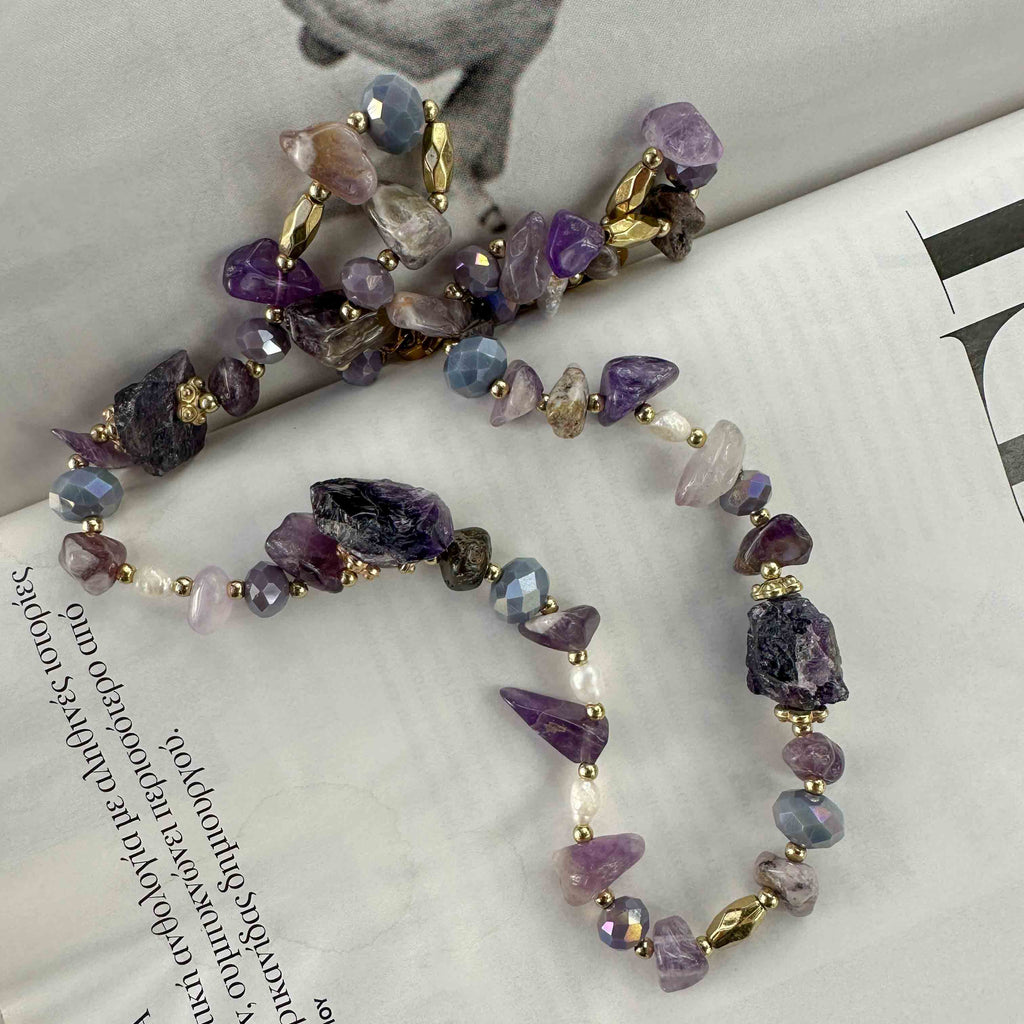 Χειροποίητο Κολιέ με Αμέθυστο, Μαργαριτάρια & Χρυσές Λεπτομέρειες