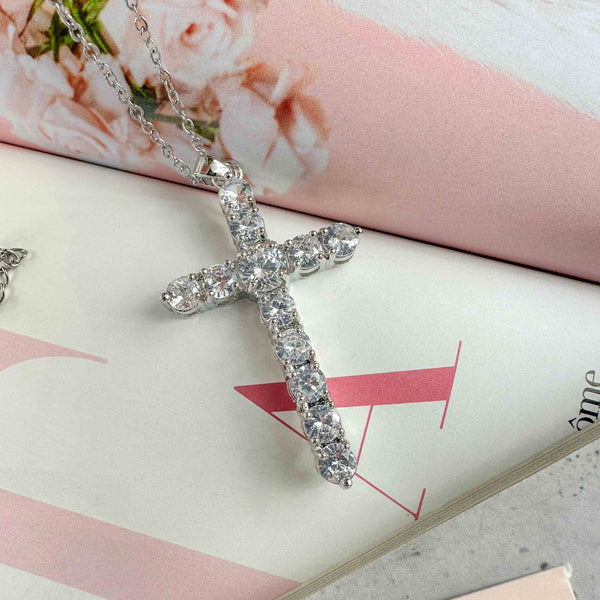 Κολιέ Επαργυρωμένος Σταυρός με λαμπερά Λευκά κρύσταλλα