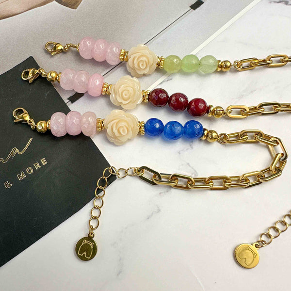 Βραχιόλι αλυσίδα με αχάτες και τριανταφυλλάκι