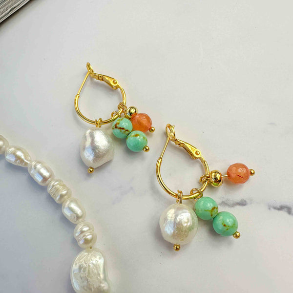 Σκουλαρίκια Peach & Green με μαργαριτάρια και ημιπολύτιμες πέτρες