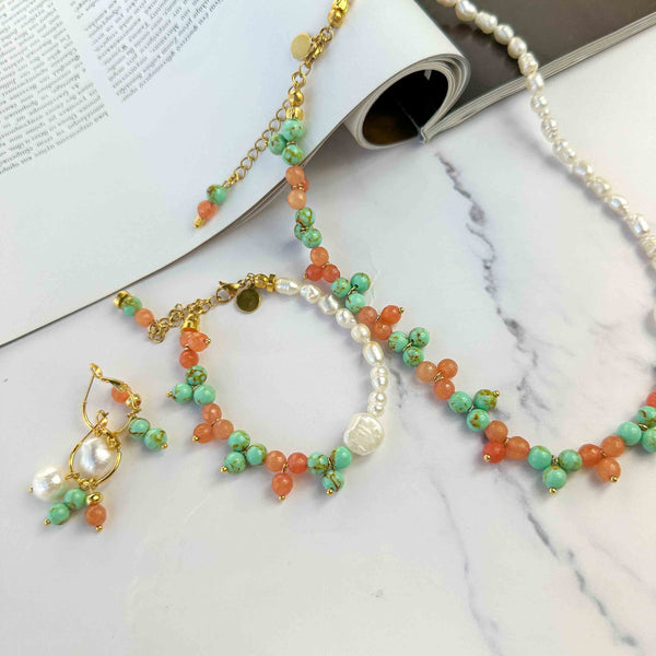 Σκουλαρίκια Peach & Green με μαργαριτάρια και ημιπολύτιμες πέτρες