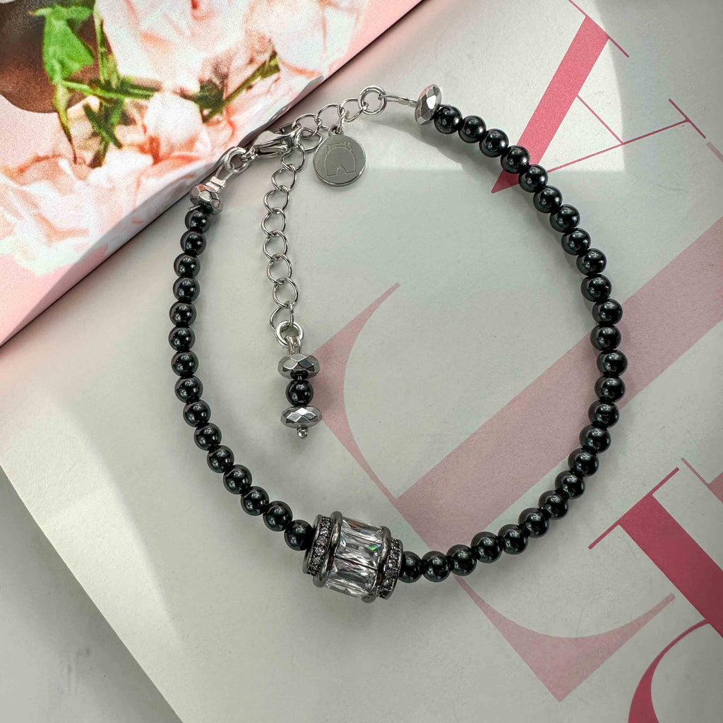 Βραχιόλι black pearls με πέρλες και στοιχείο με κρύσταλλο και ζιργκόν