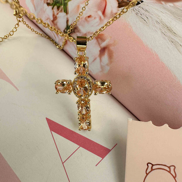 Ατσάλινη Αλυσίδα Σταυρός με Μελί Κρύσταλλα Και Ζιργκόν