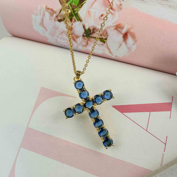 Ατσάλινη Αλυσίδα Σταυρός με Μπλε Κρύσταλλα