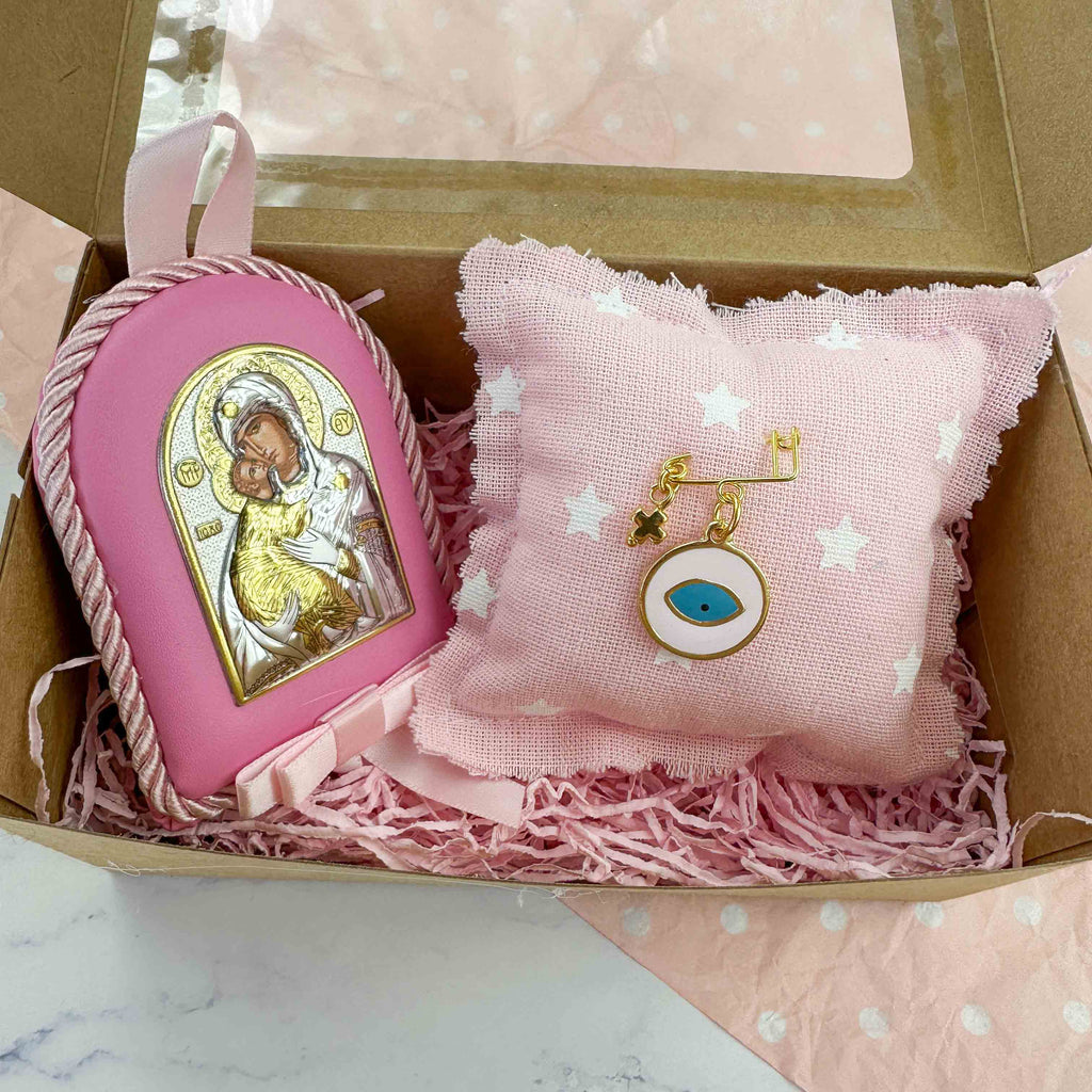 Baby kit Νεογέννητου Κοριτσιού - Παραμάνα Ματάκι Σμάλτο, Επίχρυσο Σταυρουδάκι & Εικόνα Παναγίας-Χριστού