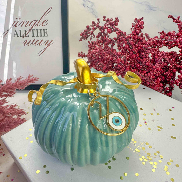 Κεραμική Κολοκύθα Πετρόλ Γούρι 2026 με Χρυσή Λεπτομέρεια & Μάτι