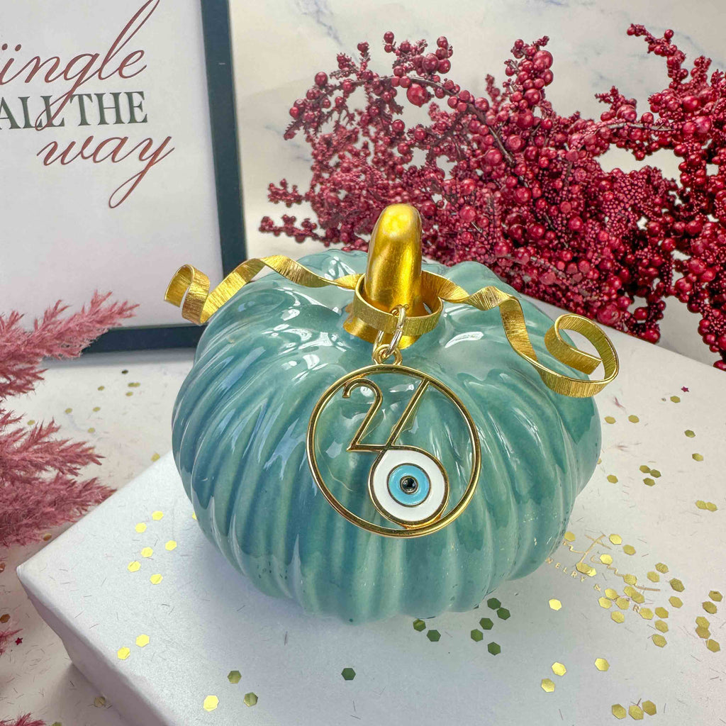 Κεραμική Κολοκύθα Πετρόλ Γούρι 2026 με Χρυσή Λεπτομέρεια & Μάτι