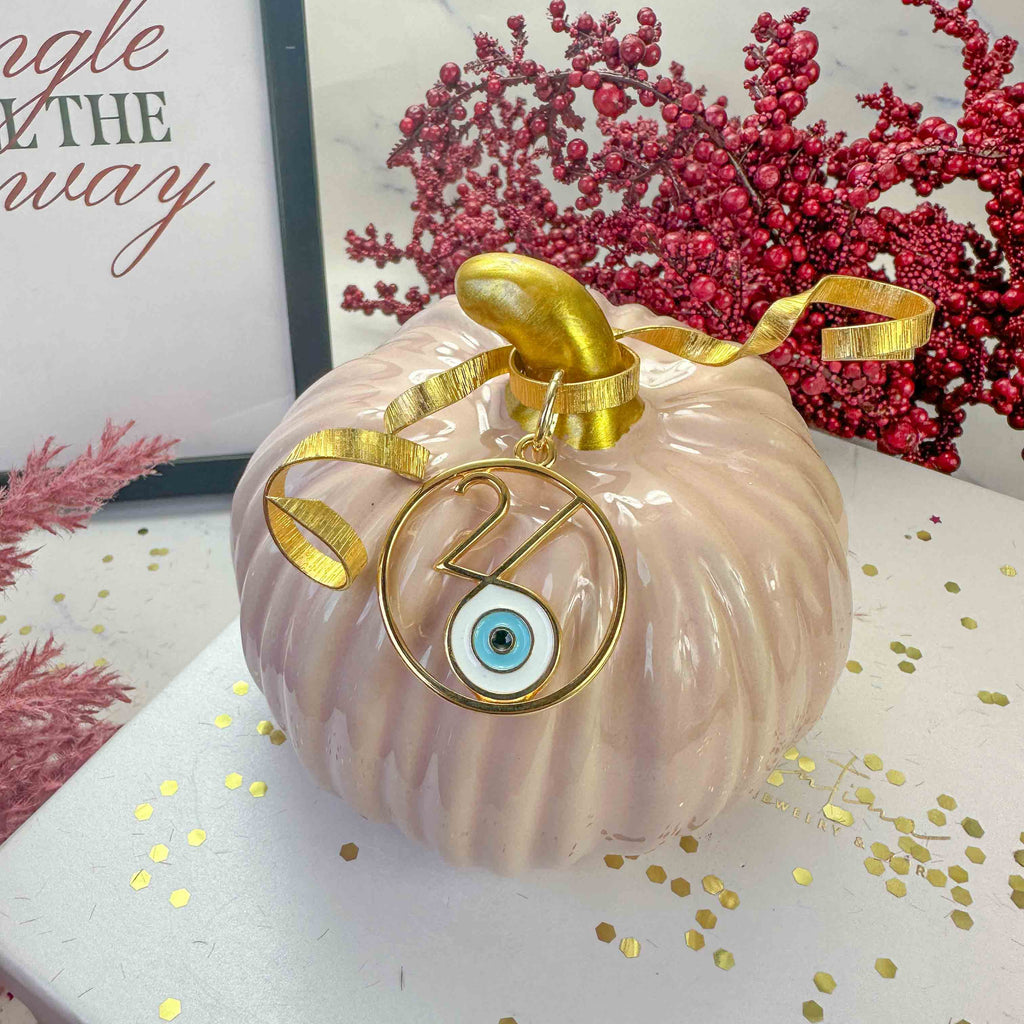 Κεραμική Κολοκύθα Ροζ nude Γούρι 2026 με Χρυσή Λεπτομέρεια & Μάτι