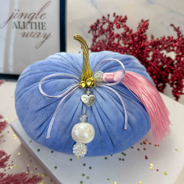 Παστέλ Γαλάζια Βελούδινη Κολοκύθα Γούρι με Καρδιά & Ροζ Φούντα – 2026