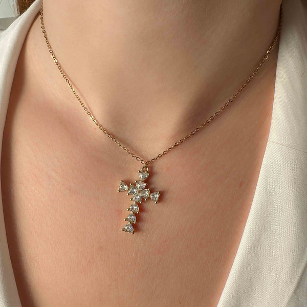 Κολιέ Επιχρυσωμένος Σταυρός με λαμπερά Λευκά κρύσταλλα