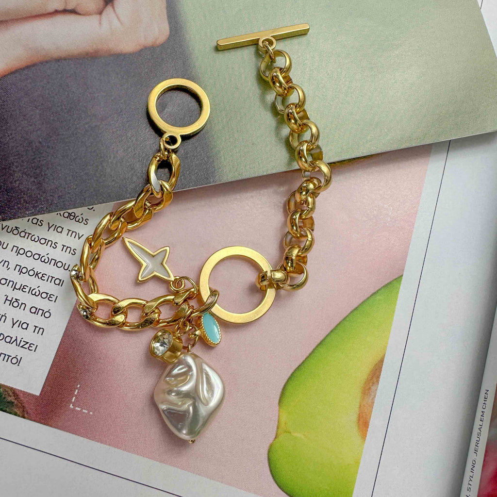 Ατσάλινο Βραχιόλι με Χρυσή Αλυσίδα, Charms & Πέρλα