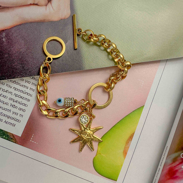 Ατσάλινο Βραχιόλι με Χρυσή Αλυσίδα και Στοιχείο Αστέρι με Μάτι