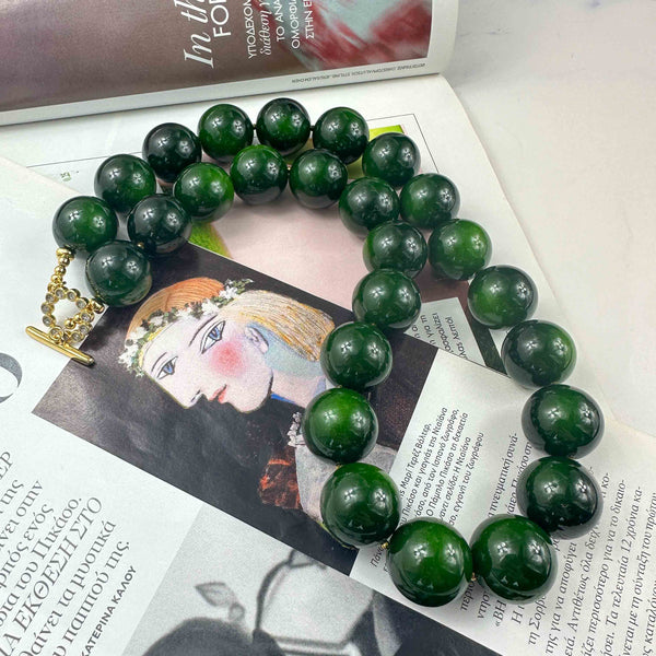 Κολιέ με Μεγάλες Πράσινες Χάντρες και Κούμπωμα με Glitter