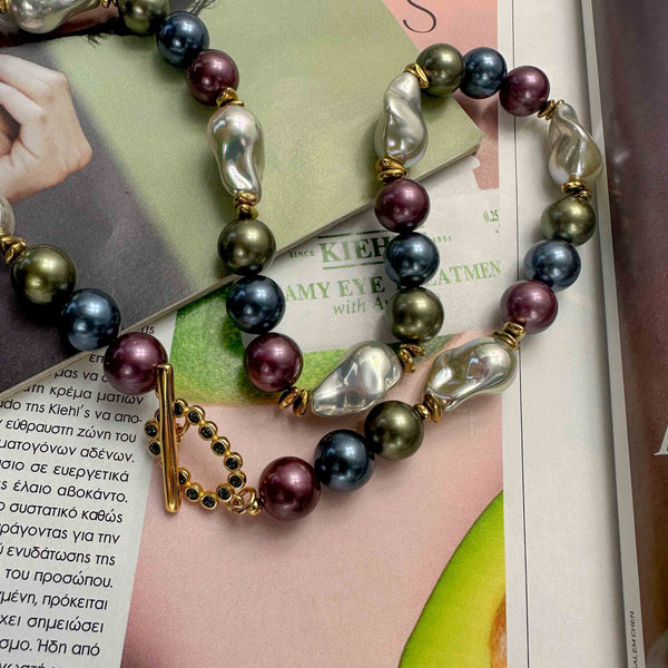 Κολιέ με Πολύχρωμες Πέρλες Και Αιματίτες