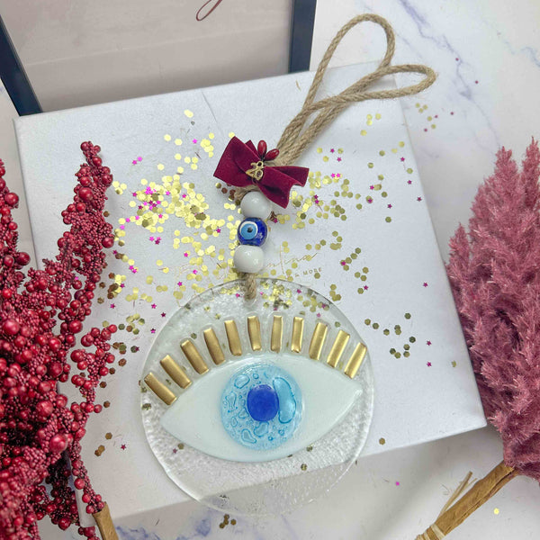 Γυάλινο Μάτι Γούρι 2026 με Μπλε Χάντρα & Χρυσές Λεπτομέρειες