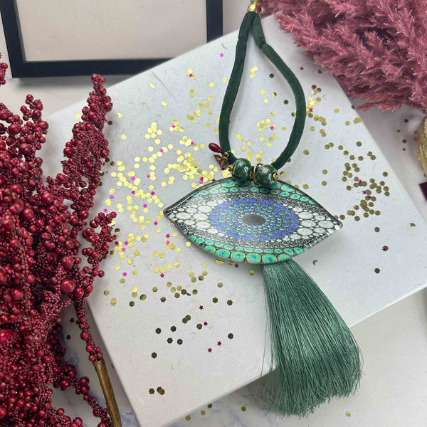 Γυάλινο Γούρι Μάτι με Πράσινη Φούντα & Κεραμικές Χάντρες